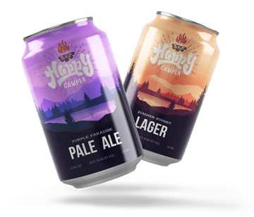 Two craft beverage cans with company branded shrink sleeves